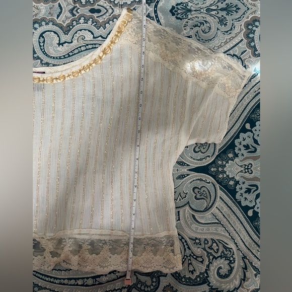 Free People Vintage Ivory Short Sleeve Beaded Wide Neck Blouse (Size S) - Picture 11 of 12
